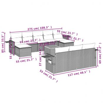 11-tlg. Garten-Sofagarnitur mit Kissen Grau Poly Rattan