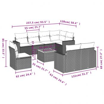 9-tlg. Garten-Sofagarnitur mit Kissen Grau Poly Rattan