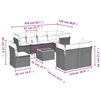 9-tlg. Garten-Sofagarnitur mit Kissen Schwarz Poly Rattan