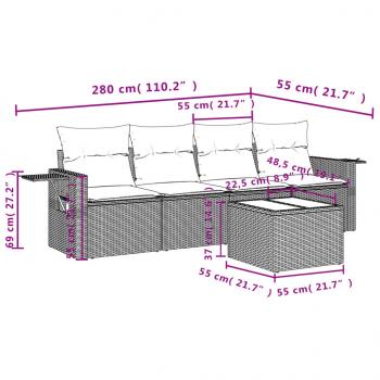 5-tlg. Garten-Sofagarnitur mit Kissen Grau Poly Rattan