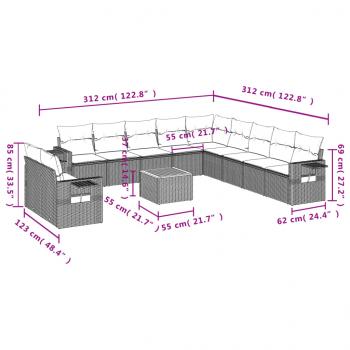 12-tlg. Garten-Sofagarnitur mit Kissen Schwarz Poly Rattan