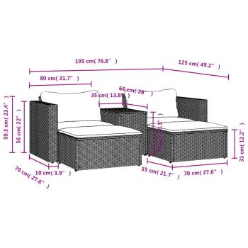 5-tlg. Garten-Sofagarnitur mit Kissen Grau Poly Rattan Akazie