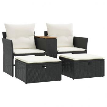 ARDEBO.de - Gartensofa 2-Sitzer mit Hockern Schwarz Poly Rattan