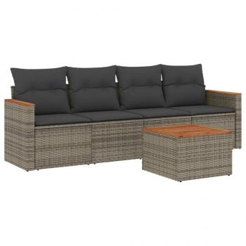 5-tlg. Garten-Sofagarnitur mit Kissen Grau Poly Rattan