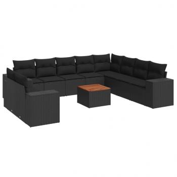 11-tlg. Garten-Sofagarnitur mit Kissen Schwarz Poly Rattan