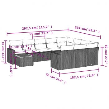 11-tlg. Garten-Sofagarnitur mit Kissen Schwarz Poly Rattan