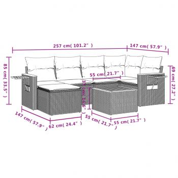 7-tlg. Garten-Sofagarnitur mit Kissen Grau Poly Rattan