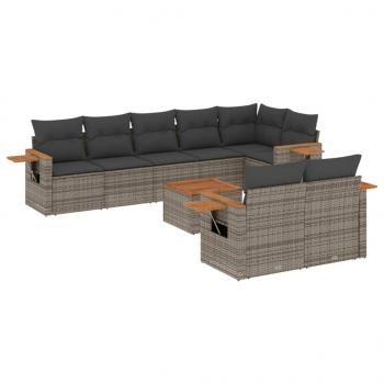 9-tlg. Garten-Sofagarnitur mit Kissen Grau Poly Rattan