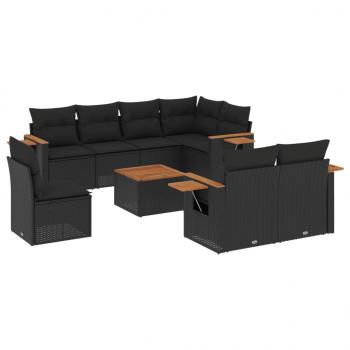 9-tlg. Garten-Sofagarnitur mit Kissen Schwarz Poly Rattan