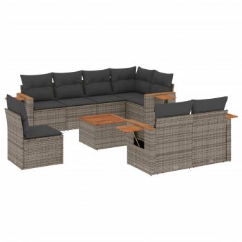 9-tlg. Garten-Sofagarnitur mit Kissen Grau Poly Rattan