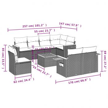 9-tlg. Garten-Sofagarnitur mit Kissen Grau Poly Rattan