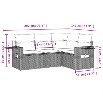 4-tlg. Garten-Sofagarnitur mit Kissen Grau Poly Rattan