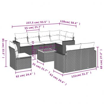 9-tlg. Garten-Sofagarnitur mit Kissen Schwarz Poly Rattan