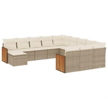 12-tlg. Garten-Sofagarnitur mit Kissen Beige Poly Rattan