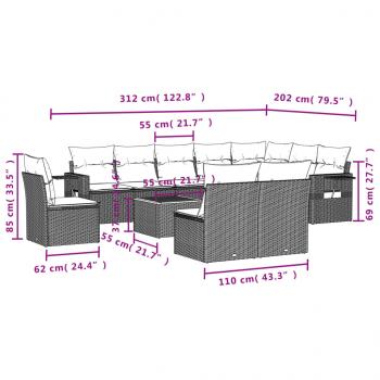 11-tlg. Garten-Sofagarnitur mit Kissen Grau Poly Rattan