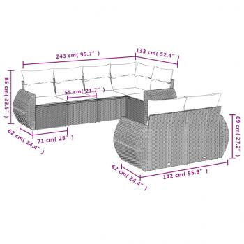 7-tlg. Garten-Sofagarnitur mit Kissen Grau Poly Rattan