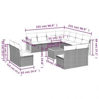 12-tlg. Garten-Sofagarnitur mit Kissen Grau Poly Rattan