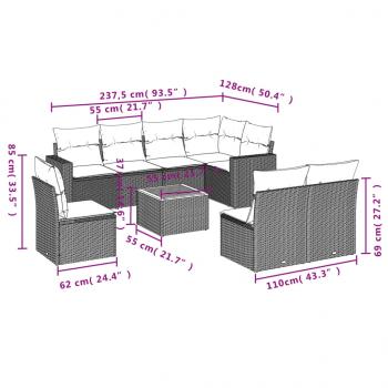 9-tlg. Garten-Sofagarnitur mit Kissen Schwarz Poly Rattan