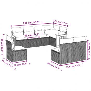 8-tlg. Garten-Sofagarnitur mit Kissen Grau Poly Rattan