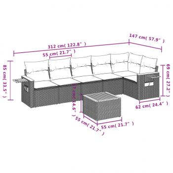 7-tlg. Garten-Sofagarnitur mit Kissen Grau Poly Rattan