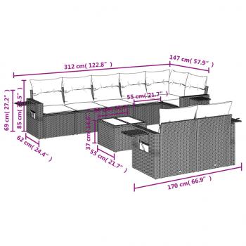 9-tlg. Garten-Sofagarnitur mit Kissen Grau Poly Rattan