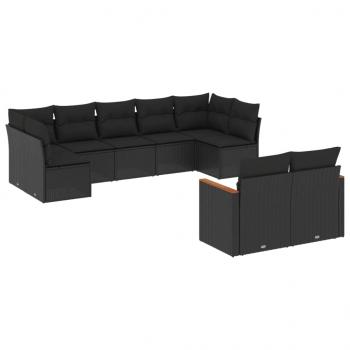 9-tlg. Garten-Sofagarnitur mit Kissen Schwarz Poly Rattan