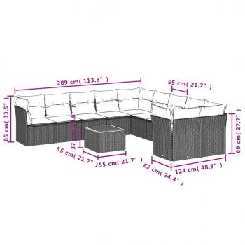 11-tlg. Garten-Sofagarnitur mit Kissen Schwarz Poly Rattan