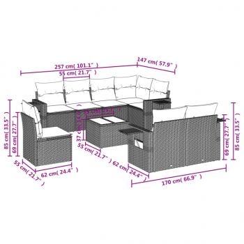 9-tlg. Garten-Sofagarnitur mit Kissen Grau Poly Rattan