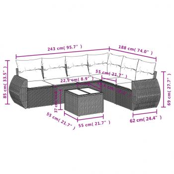 7-tlg. Garten-Sofagarnitur mit Kissen Grau Poly Rattan