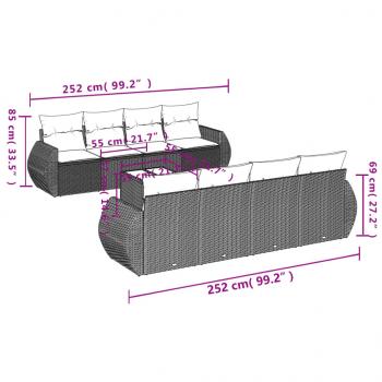 9-tlg. Garten-Sofagarnitur mit Kissen Grau Poly Rattan