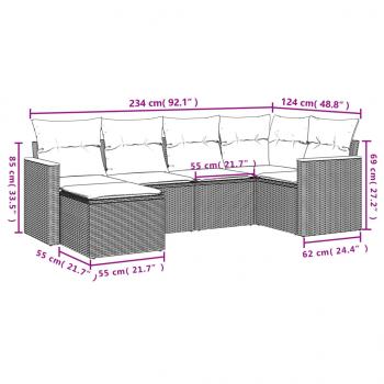 6-tlg. Garten-Sofagarnitur mit Kissen Grau Poly Rattan