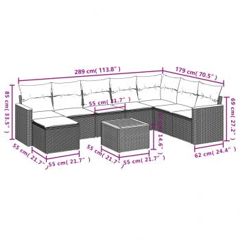 9-tlg. Garten-Sofagarnitur mit Kissen Grau Poly Rattan