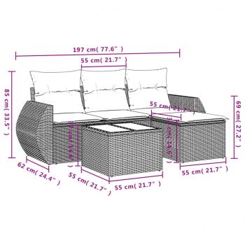 5-tlg. Garten-Sofagarnitur mit Kissen Grau Poly Rattan