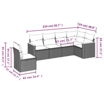 6-tlg. Garten-Sofagarnitur mit Kissen Grau Poly Rattan