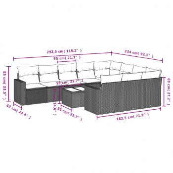 11-tlg. Garten-Sofagarnitur mit Kissen Grau Poly Rattan