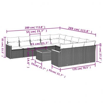 12-tlg. Garten-Sofagarnitur mit Kissen Grau Poly Rattan