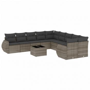 11-tlg. Garten-Sofagarnitur mit Kissen Grau Poly Rattan