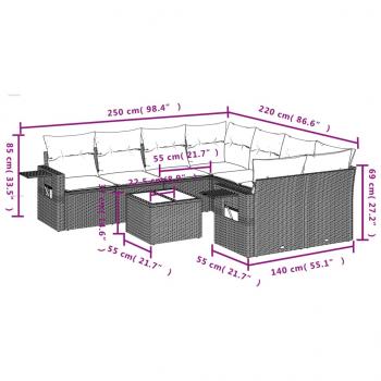 9-tlg. Garten-Sofagarnitur mit Kissen Grau Poly Rattan