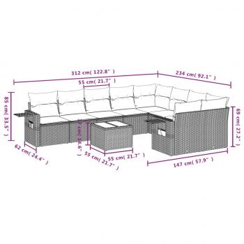 10-tlg. Garten-Sofagarnitur mit Kissen Grau Poly Rattan