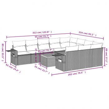 11-tlg. Garten-Sofagarnitur mit Kissen Grau Poly Rattan