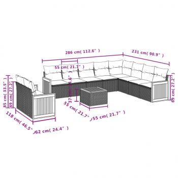 11-tlg. Garten-Sofagarnitur mit Kissen Grau Poly Rattan