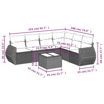 7-tlg. Garten-Sofagarnitur mit Kissen Grau Poly Rattan