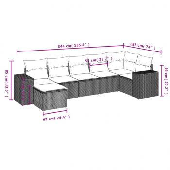 7-tlg. Garten-Sofagarnitur mit Kissen Grau Poly Rattan