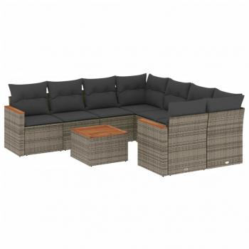 9-tlg. Garten-Sofagarnitur mit Kissen Grau Poly Rattan