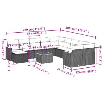 12-tlg. Garten-Sofagarnitur mit Kissen Grau Poly Rattan