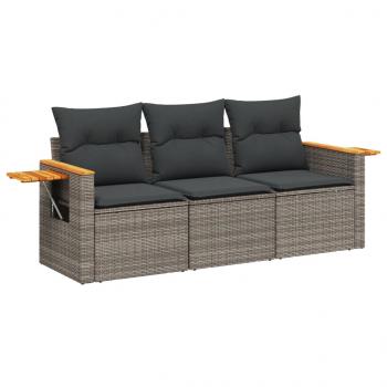 3-tlg. Garten-Sofagarnitur mit Kissen Grau Poly Rattan