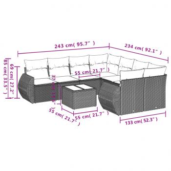 9-tlg. Garten-Sofagarnitur mit Kissen Grau Poly Rattan