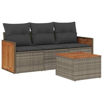 4-tlg. Garten-Sofagarnitur mit Kissen Grau Poly Rattan