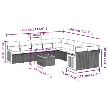 11-tlg. Garten-Sofagarnitur mit Kissen Schwarz Poly Rattan