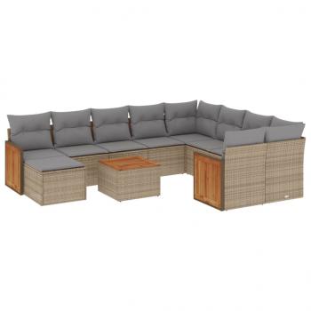 11-tlg. Garten-Sofagarnitur mit Kissen Beige Poly Rattan